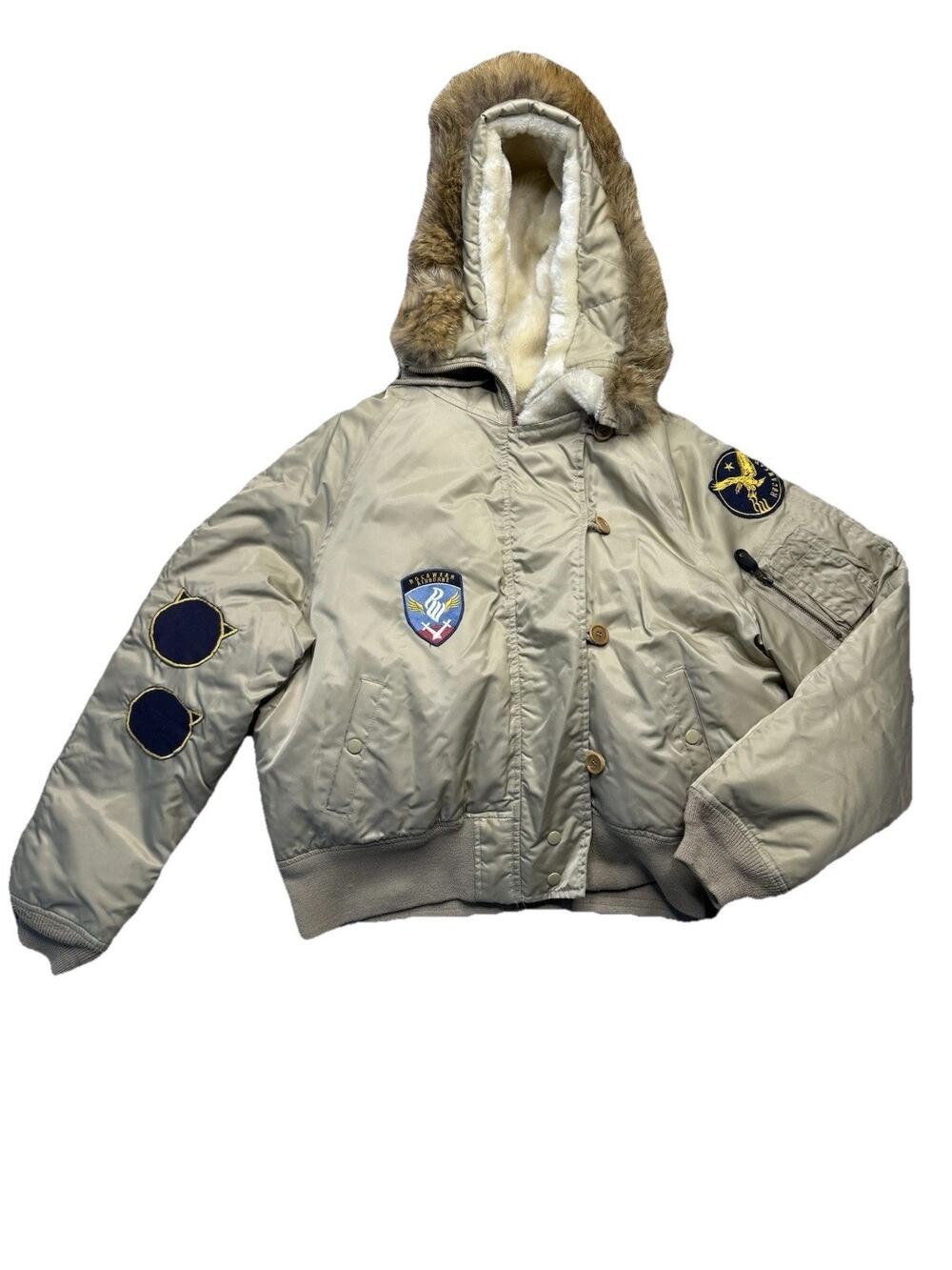 Rocawear Cropped Bomber Flight Jacket Patches Sz L Real Fur Hood Y2K Down Fill